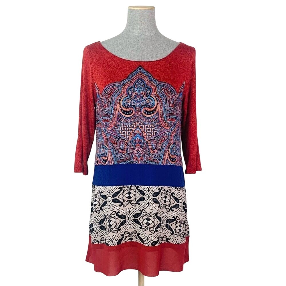 Akemi + Kin Tunic Top‎ Women's Medium Red Blue Print Boho Patchwork Color Block